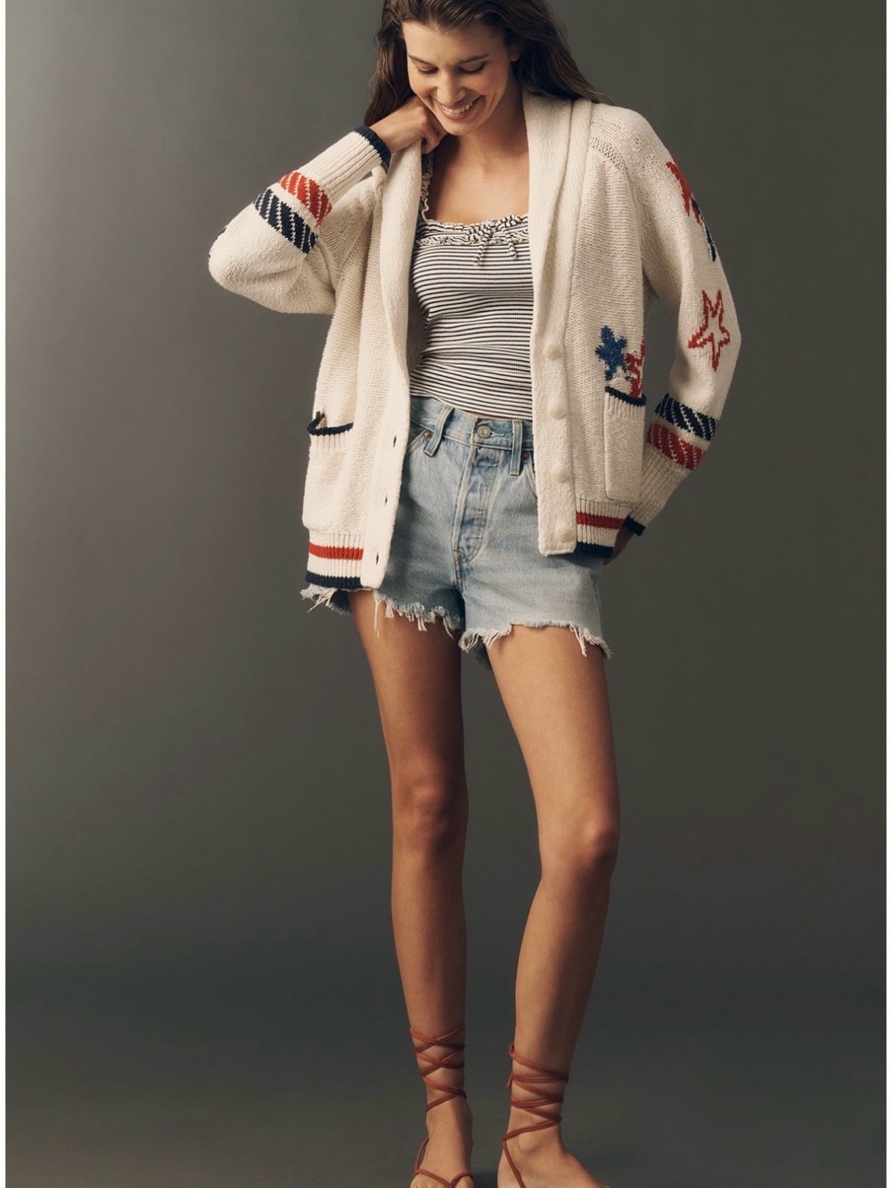 NWT Anthropologie Cream Nautical Sailboat Red & Blue Stars Cozy Cardigan SZ XS - Picture 3 of 16